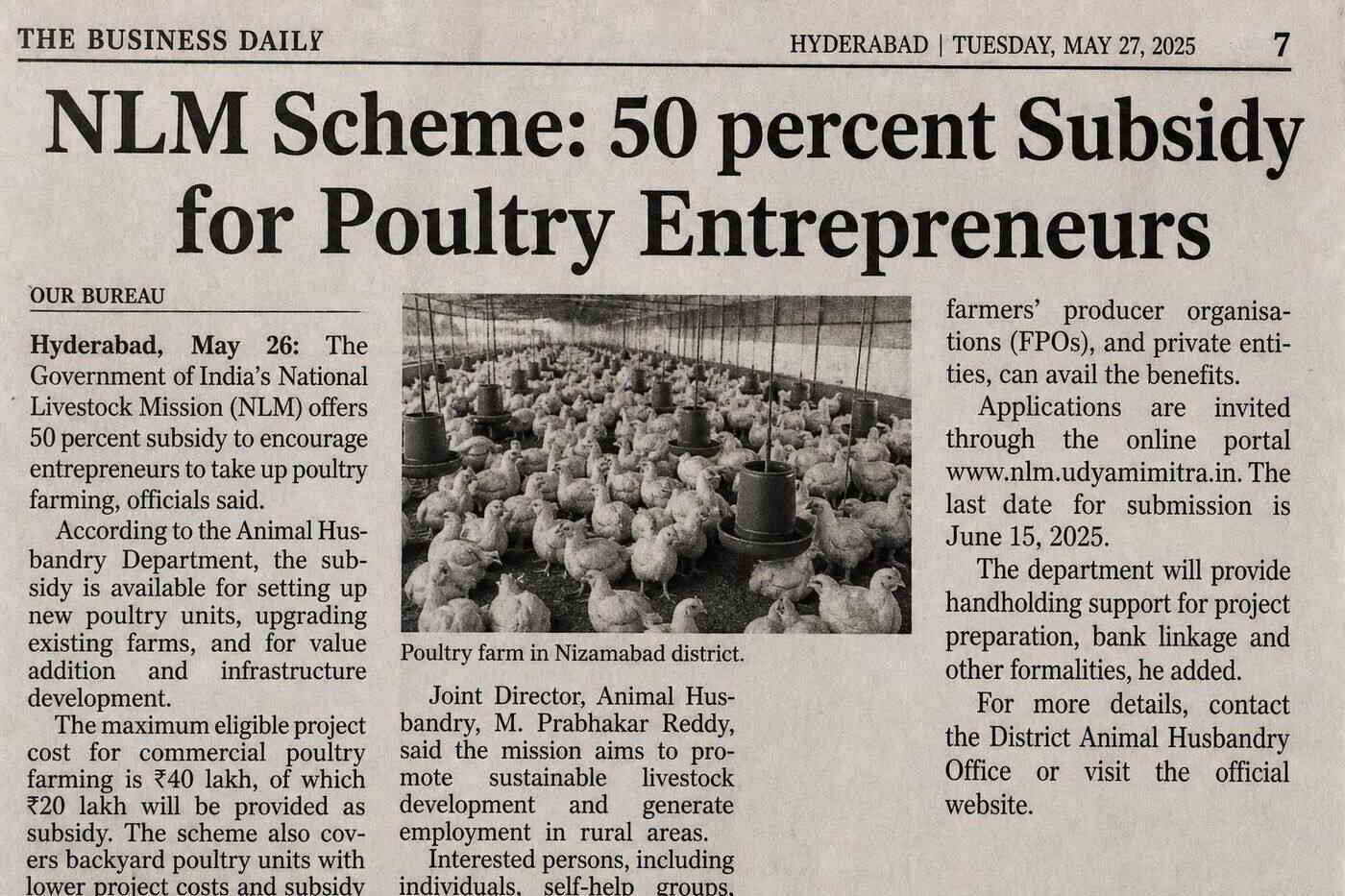 NLM Scheme: 50% subsidy for poultry entrepreneurs